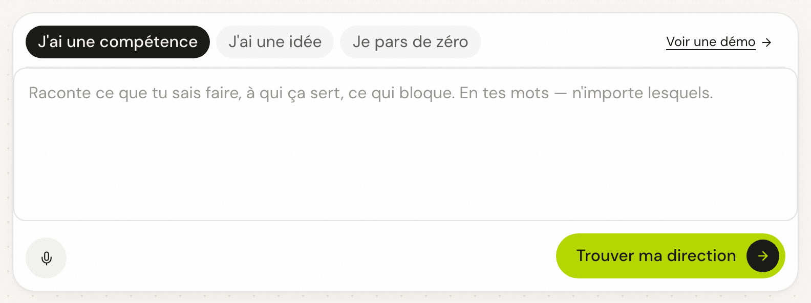 Aperçu du composer Soleo — champ libre + micro + trois raccourcis